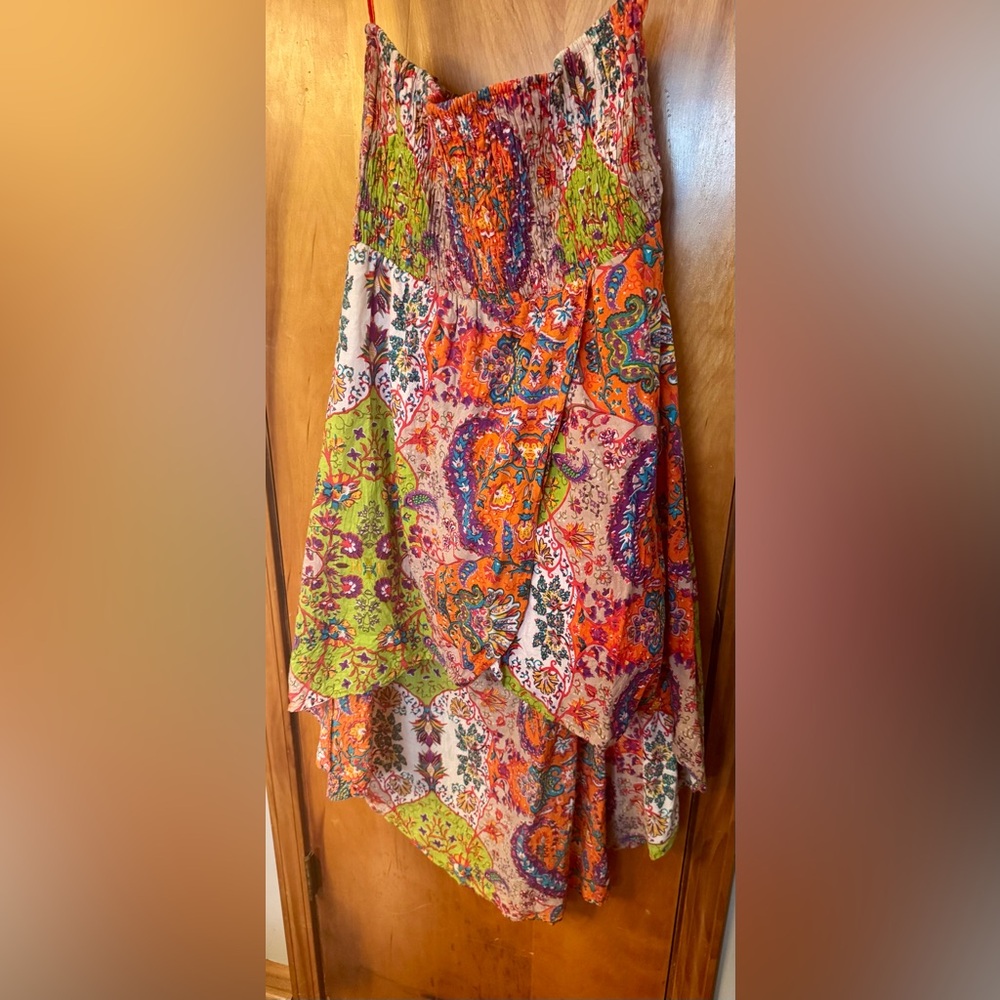 Orange and Green Asymmetrical Midi Wrap Dress